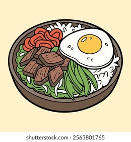 Illustration of Bibimbap Rice Bowl with Fried Egg, Vegetables, and Beef.