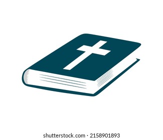 Illustration einer Bibel mit einem Kreuz. Design-Element für Emblem, Badge, Badge, Aufkleber, Label. Buchen und kreuzen Sie Vektorgrafik in minimalistischem Stil. Religiöse Symbolik.