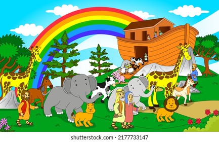 illustration of bible stories, Noah's Ark and the animals, good for children's Bibles, printing, posters, websites and more