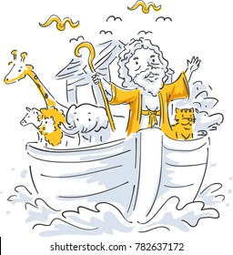 Illustration of a Bible Story About Noah and Different Animals Riding His Ark