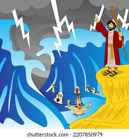 illustration of the bible story, Moses parted the sea and the pharaoh's army drowned in the ocean. vector, eps10, editable