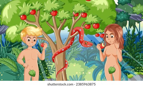 Illustration of biblical scene with Adam, Eve, and snake