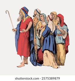 Illustration of a biblical scene with diverse figures in robes. Group includes men and women in colorful attire, depicting a historical or religious narrative. Vintage art drawing, isolated vector.