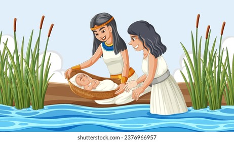 Illustration of the biblical story where Pharaoh's daughter finds baby Moses in a basket in the river