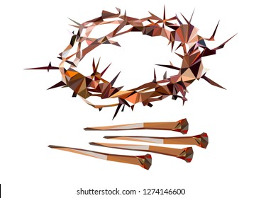 
Illustration of a biblical theme. Crown of thorns and rusty nails on which Jesus was crucified
 Vector low poly.