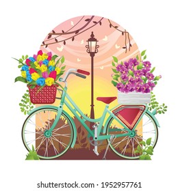 Illustration of a Bicycle and Basket Full of Spring Flowers