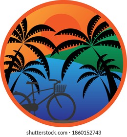 Illustration bicycle with coconut trees on the seashore flat style vector background design