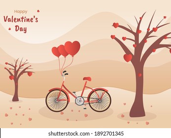 Illustration Of Bicycle With Heart Balloons And Love Trees On Peach Background For Happy Valentine's Day Celebration.