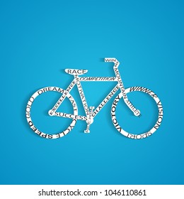 Illustration of a bicycle with motivational words isolated on a blue background.