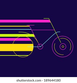 Illustration of bicycle moving fast on a dark background leaving a color bright trace. Line art. Bright colors. Web, print, banner, design background.