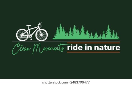 Illustration of a bicycle silhouette and trees in a composition with lettering alluding to clean transport and nature preservation.