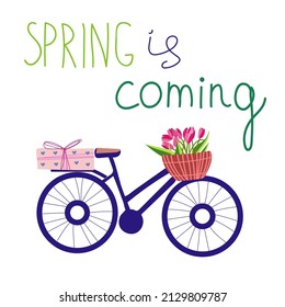 Illustration of the bicycle with tulips and gift