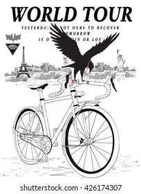illustration bicycle with vintage bike badge and vector eagle and world tour