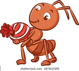 The illustration of the big ant with the red color is holding the big marbles candy in his hands