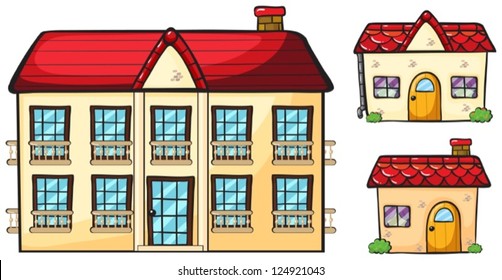 Illustration of a big apartment and two small houses on a white background