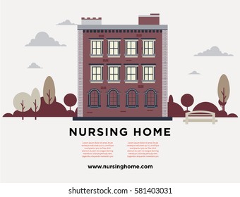 Illustration of the big attractive house on the nature landsacpe for nursing home advertisement. Vector flat design.