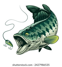 Illustration of Big Bass Fish Catching the Fishing Lure