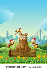 Illustration of a big bear above the log with three bees