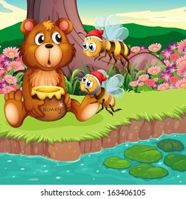 Illustration of a big bear and bees at the riverbank 