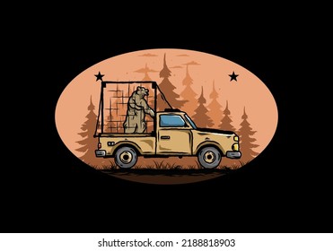 Illustration of a Big bear in cage on car