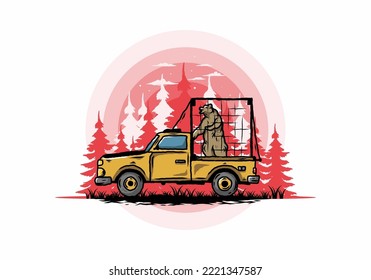 Illustration of a Big bear in cage on car
