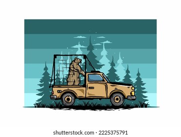 Illustration of a Big bear in cage on car