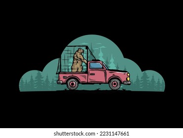 Illustration of a Big bear in cage on car