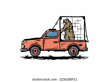 Illustration of a Big bear in cage on car