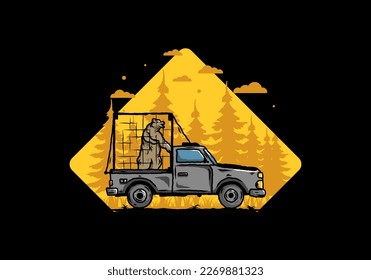 Illustration of a Big bear in cage on car