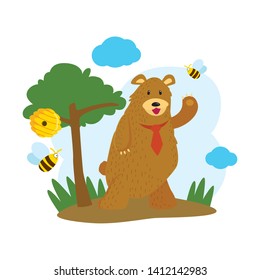 Illustration of big bear wears a red necktie and bee under tree.