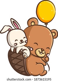 The illustration of big beaver with the big tail and holding the yellow balloons is playing with the little rabbit