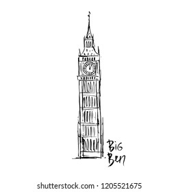 Illustration of Big Ben. Famous buildings of London.