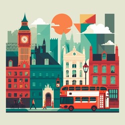 Illustration Of Big Ben Tower  London Bridge  England Travel And Tourism Concept Flat Stylish Vector 