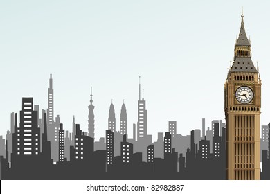 illustration of big ben tower on cityscape backdrop