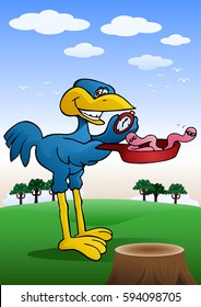 illustration of a big blue bird bring a worm in fry pan ready to cooked on nature background