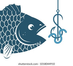 Illustration Of Big Blue Fish Biting Dollar Fishing Hook. 