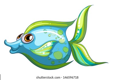 Illustration of a big blue fish with a stripe-colored tail on a white background 