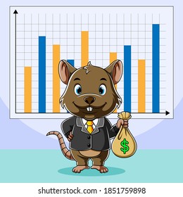 The illustration of big boss mouse holding a bag of money in increasing the money rank