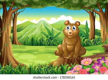 Illustration of a big brown bear above the stump