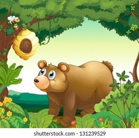 Illustration of a big brown bear staring at the beehive