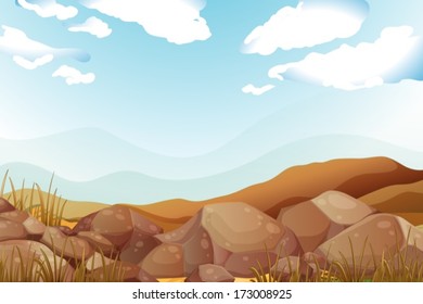 Illustration of the big brown rocks under the blue sky