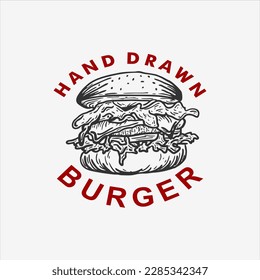 illustration of big burger, hamburger in hand drawn sketch retro style, suitable for design element background decoration cafe, fast food restaurant, business logo menu book.