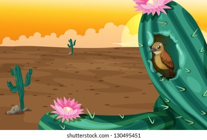 Illustration of a big cactus plant with a bird
