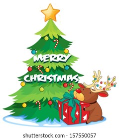 Illustration of a big christmas tree beside the reindeer hugging the gift on a white background