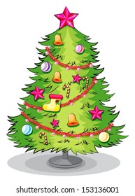 Illustration of a big christmas tree with many decorations on a white background