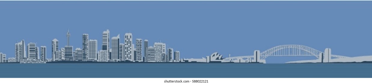 Illustration of a big city and the ocean.