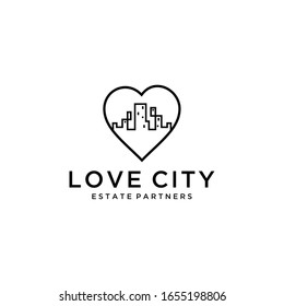 Illustration of big city silhouette with heart sign logo design