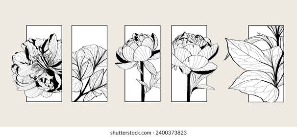 Illustration with big collection of spring and garden flowers frame background. Peony flowers and leaves. Decorative element, card, logo, poster.