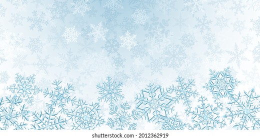 Illustration of big complex translucent Christmas snowflakes in light blue colors, located below, on background with falling snow
