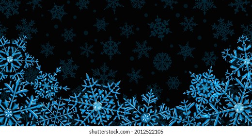 Illustration of big complex translucent Christmas snowflakes in light and dark blue colors, located below, on background with falling snow. Transparency only in vector format